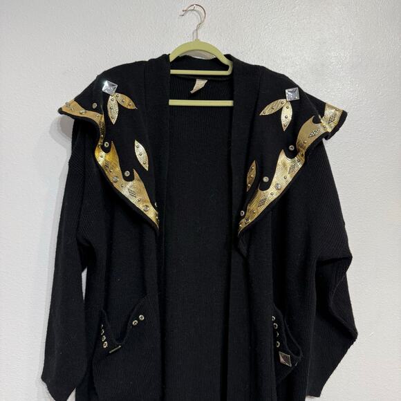 Black Long Line Gold Trim Open Front Vintage Cardigan Sz O/S - Picture 3 of 13